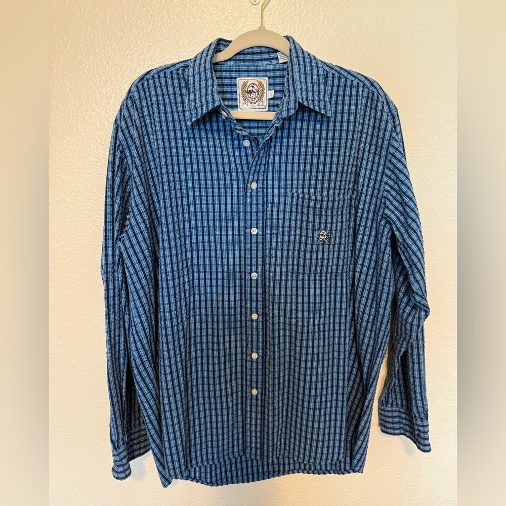 Cinch Men’s Plaid Blue Button Down Texture Shirt Large